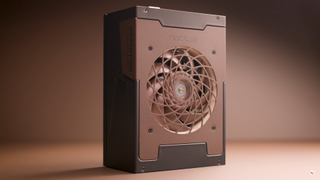 The Seasonic Prime TX-1600 Noctua Edition power supply unit standing vertically in front of a brown background.